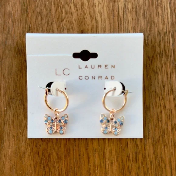 LAUREN CONRAD Blue Butterfly Rhinestones Gold Dangle Earrings - Picture 2 of 2